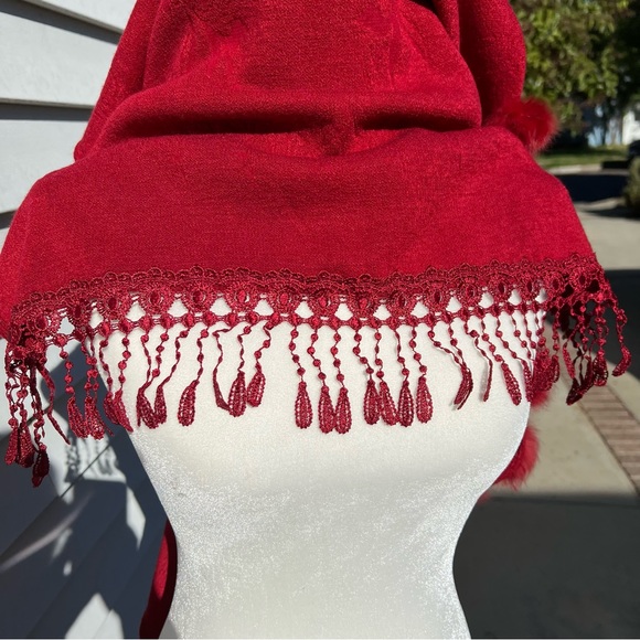 Red Wrap with Fur Pom Pom detail - Picture 7 of 9